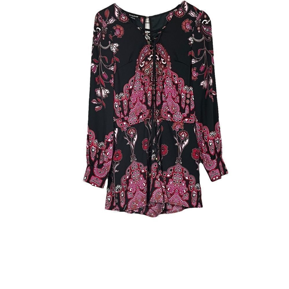Bebe Black Pink and White Long Sleeve Short Romper Size Small